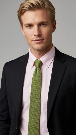 Man wearing olive green knitted silk tie with dark jacket and pink shirt
