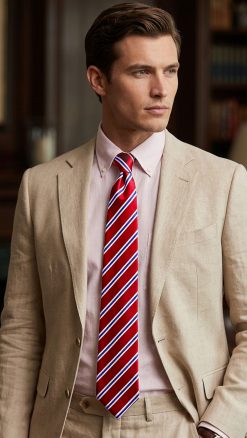 Red white and blue striped pure silk tie worn with pale pink shirt and beige suit – classic British Savile Row inspired power stripe tie for men
