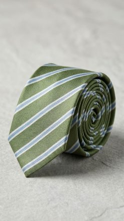 Close-up of sage green, sky blue and white striped pure silk tie showing luxurious weave – high quality mens striped tie