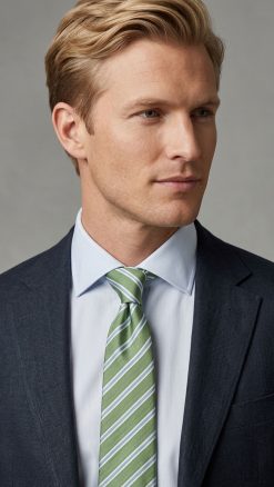 Sage green striped pure silk tie worn with light blue shirt and navy suit – Savile Row inspired striped tie for Spring Summer 2026