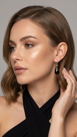 Effy Onyx Earrings – 14ct yellow gold black onyx teardrop drop earrings worn by model, 24.70 carat statement jewellery