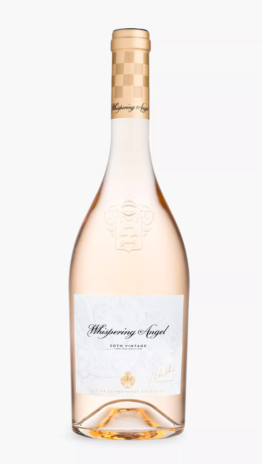 Whispering Angel 2025 20th Anniversary Limited Edition Provence rosé bottle with Sacha Lichine signature and angel label