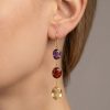 Elegant 14K yellow gold amethyst, garnet and citrine triple drop earrings worn by a model, showcasing graceful movement and vibrant gemstone colours