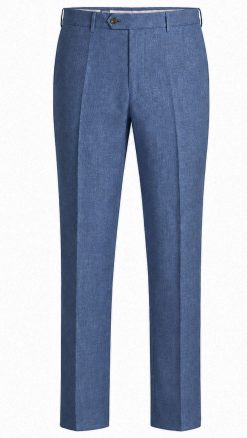 Blue linen tailored trousers by Gurteen designed for lightweight summer suiting