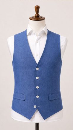 Summer blue linen waistcoat by Gurteen designed for refined tailoring and relaxed warm weather occasions at CountryClubuk.