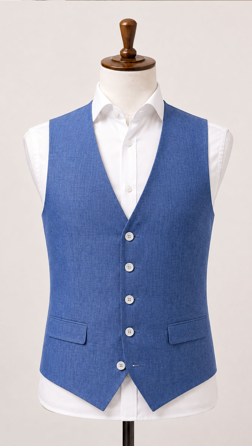 Summer blue linen waistcoat by Gurteen designed for refined tailoring and relaxed warm weather occasions at CountryClubuk.