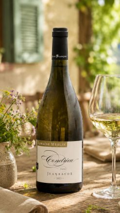 Domaine Merlin Jeanraude 2023 Condrieu with wine glass and summer dining setting outdoors in Provence-style landscape by CountryClubuk