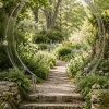 Ascalon Moon Gate in lush garden setting with climbing roses and stone steps – elegant circular garden arch