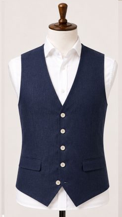 Classic navy linen waistcoat by Gurteen designed for relaxed summer tailoring, weddings and elegant country occasions.