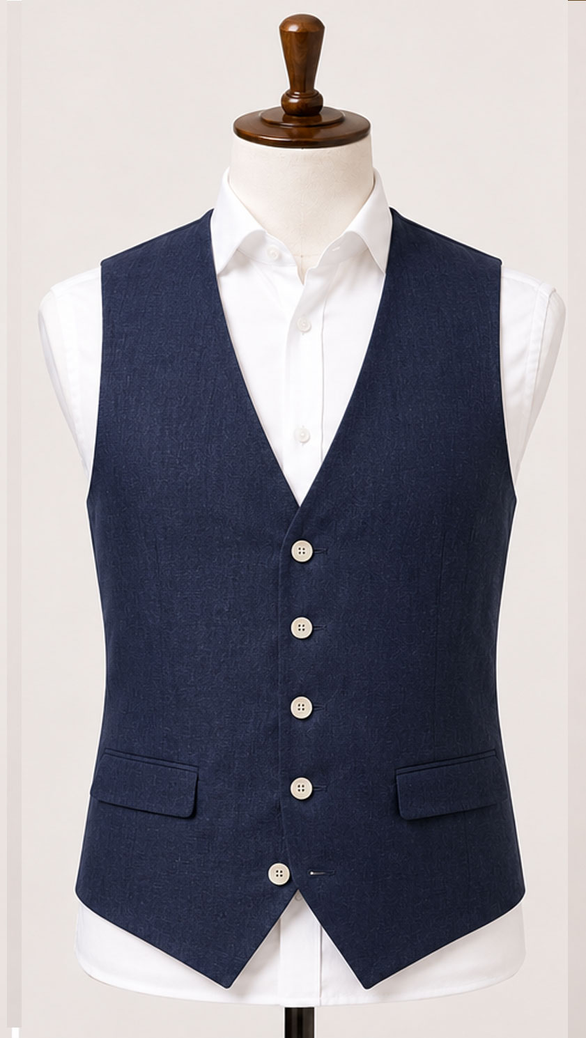 Classic navy linen waistcoat by Gurteen designed for relaxed summer tailoring, weddings and elegant country occasions.