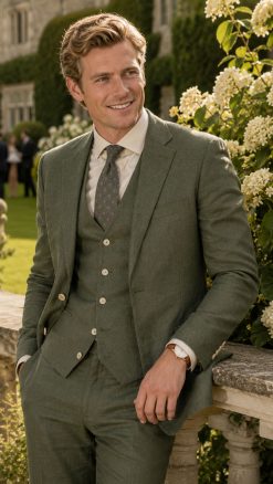 The Viago olive linen suit by Gurteen styled for relaxed summer tailoring and country house occasions