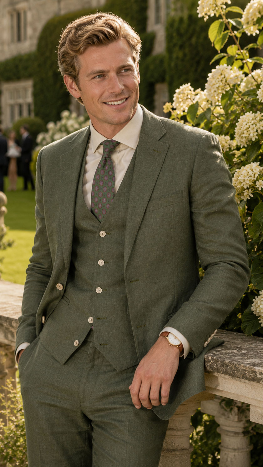 The Viago olive linen suit by Gurteen styled for relaxed summer tailoring and country house occasions