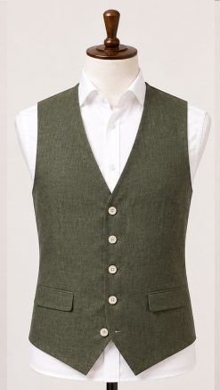 Pure linen waistcoat by Gurteen in olive green, crafted for refined summer tailoring and relaxed country-house style.