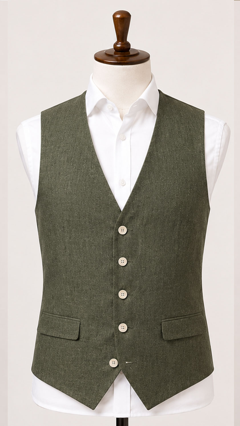 Pure linen waistcoat by Gurteen in olive green, crafted for refined summer tailoring and relaxed country-house style.