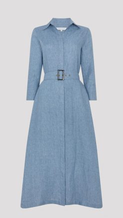 Really Wild Diane Linen Shirt Dress in blue with matching belt and shirt collar detail.