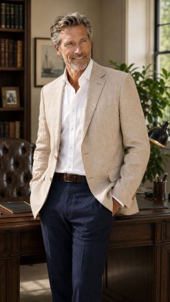 Relaxed summer tailoring with the Viago stone linen jacket styled for country house and relaxed occasions