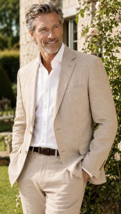 Relaxed summer tailoring with the Viago stone linen jacket styled for country house and Mediterranean occasions