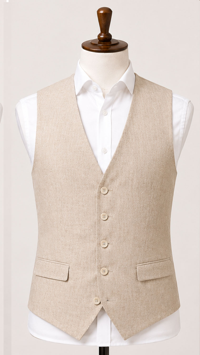 The Viago stone linen waistcoat by Gurteen styled for elegant summer weddings and occasions