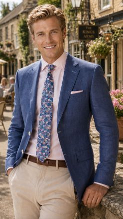 The Viago blue linen jacket by Gurteen styled for relaxed summer tailoring and country village occasions
