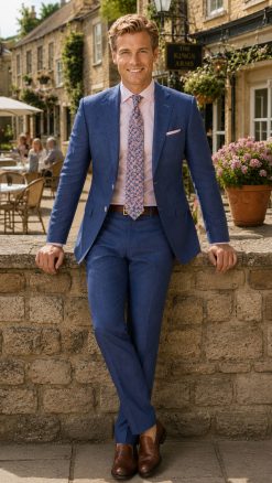 The Viago blue linen jacket by Gurteen styled for relaxed summer tailoring and country village occasions