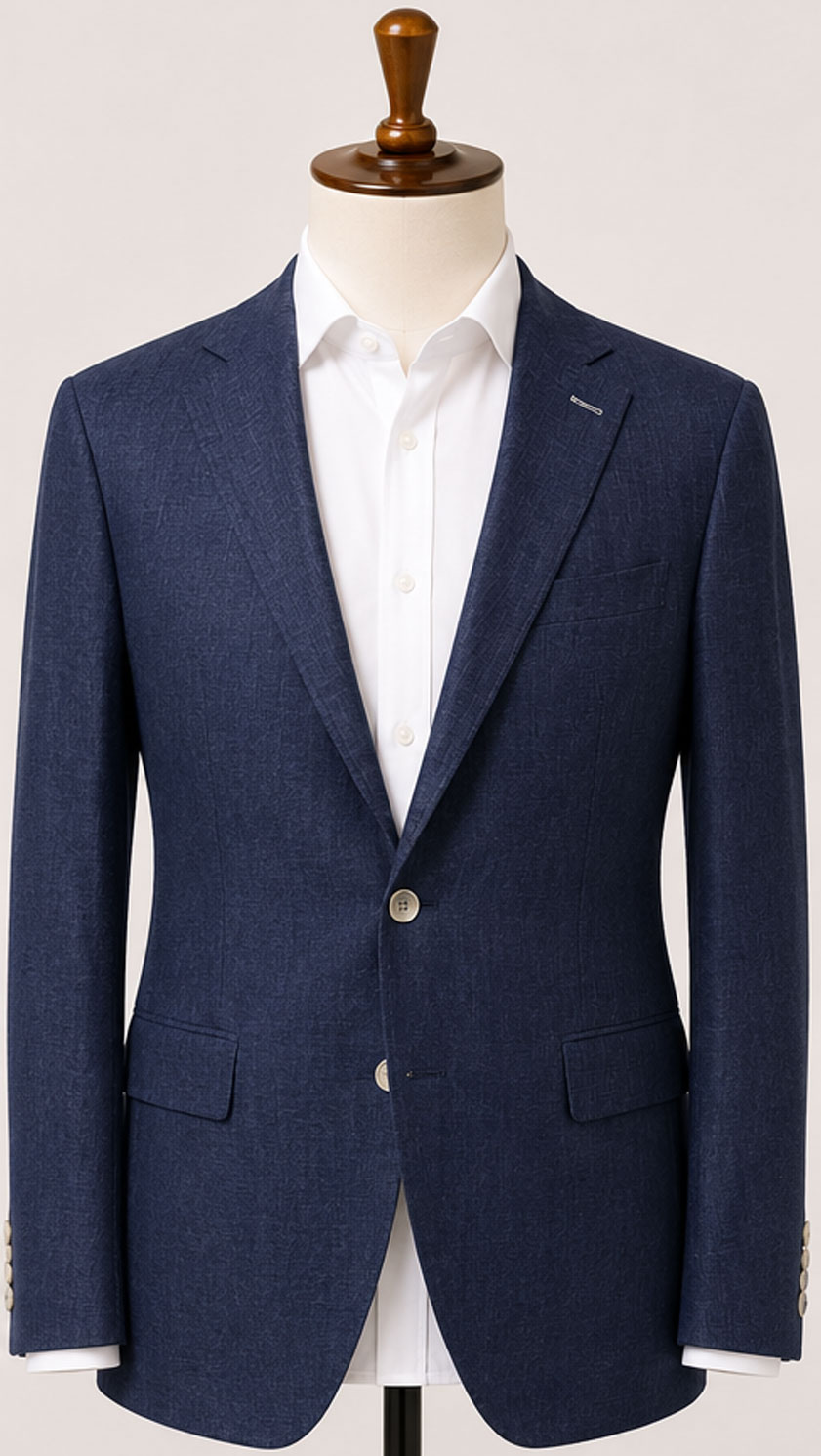 The Viago navy linen jacket by Gurteen shown with white shirt styling