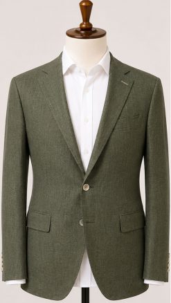 The Viago olive linen jacket by Gurteen shown with white shirt styling