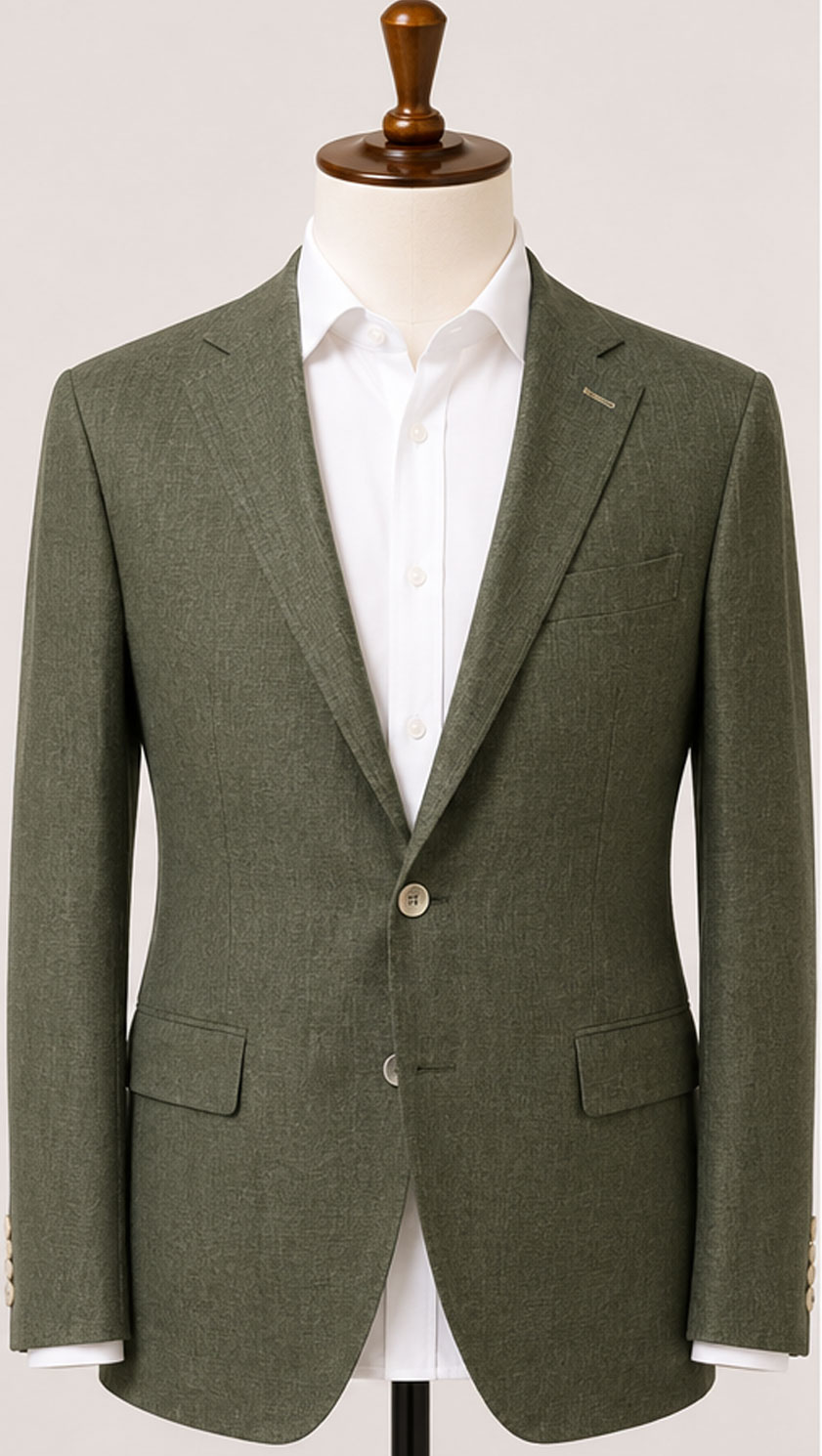 The Viago olive linen jacket by Gurteen shown with white shirt styling
