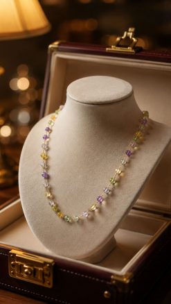 Giardino Necklace with natural amethyst, citrine and peridot in gold vermeil displayed in luxury box.