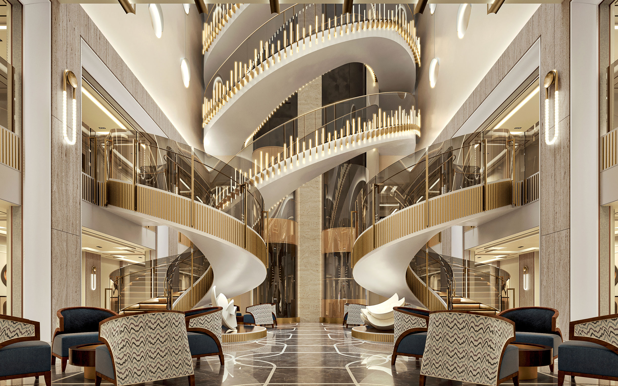 Seven Seas Prestige Grand Atrium Grand atrium and central staircase aboard Seven Seas Prestige