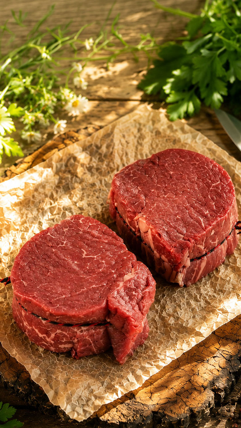 Hand-cut Certified Irish Black Angus fillet steaks, available as 8oz or 10oz portions