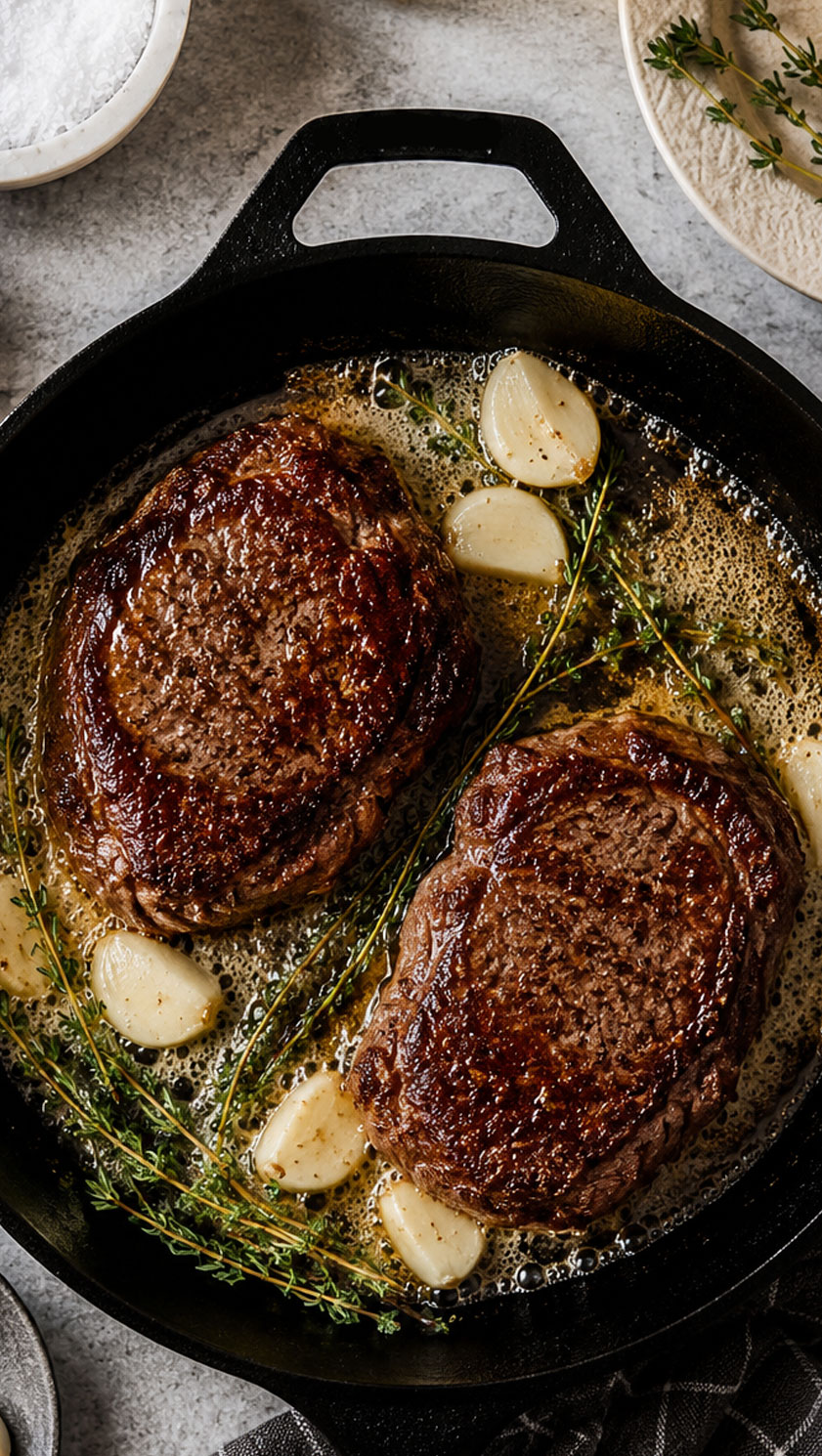 Seared Certified Irish Black Angus fillet steaks cooked in butter with garlic and thyme