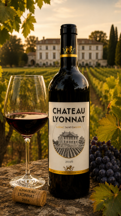 Chateau Lyonnat Lussac Saint-Emilion bottle in front of Chateau Lyonnat