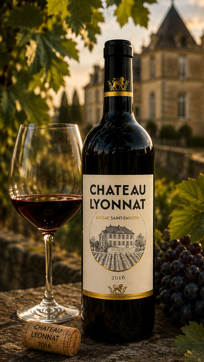 Château Lyonnat 2016 Lussac-Saint-Émilion Bordeaux with glass of red wine overlooking the château vineyards at sunset.