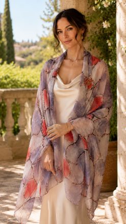 Morning Mist pure silk chiffon stole with watercolour ripple design in lavender, coral and silver grey.