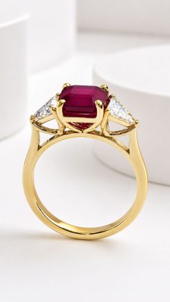 Natural Burmese ruby ring 3.03 carat square emerald cut in 18ct yellow gold by Hatton Garden