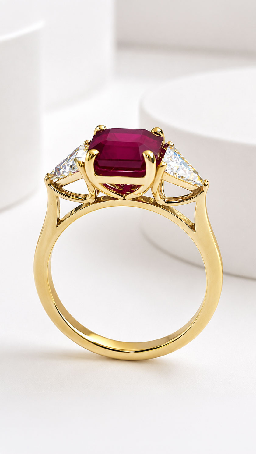 Natural Burmese ruby ring 3.03 carat square emerald cut in 18ct yellow gold by Hatton Garden