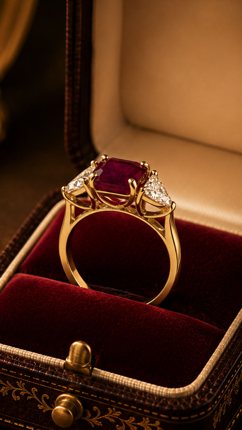 3.03 carat natural Burmese ruby ring in luxury jewellery box, Hatton Garden craftsmanship