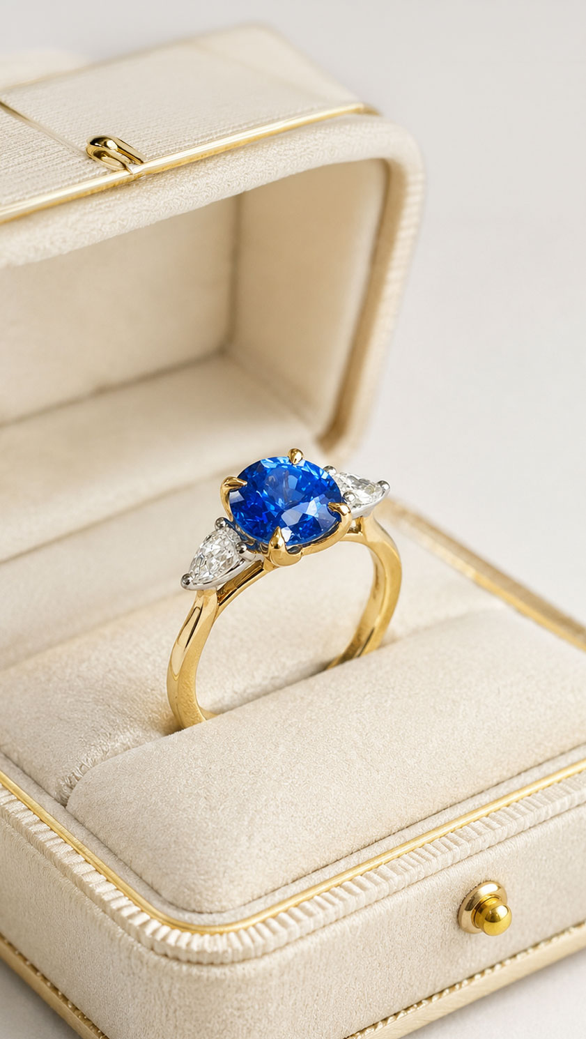 Natural Ceylon blue sapphire ring with marquise-cut diamonds in platinum and yellow gold by CountryClubuk