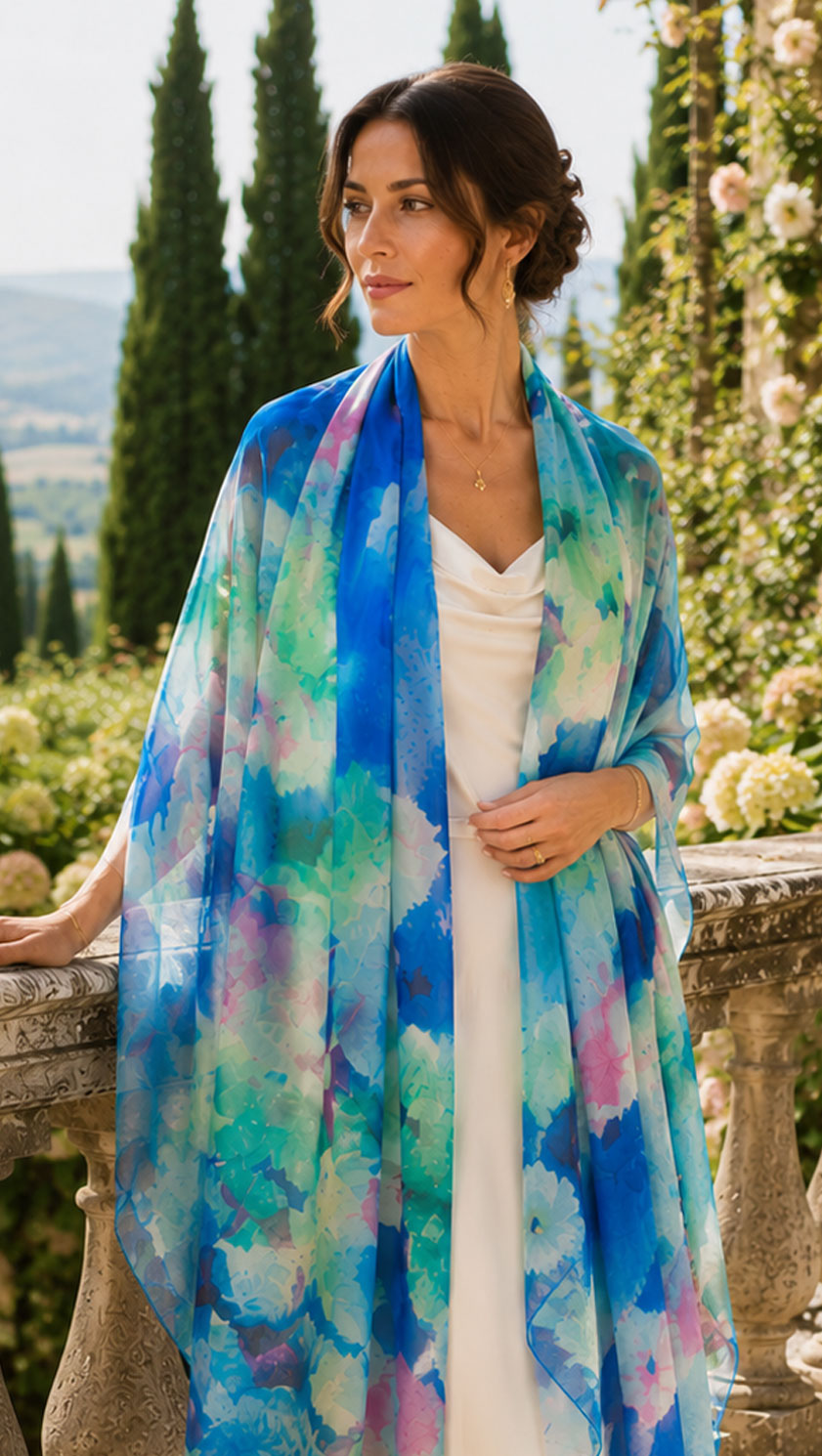 Woman wearing the Rose Garden pure silk chiffon stole in blue floral watercolour design with ivory silk dress.