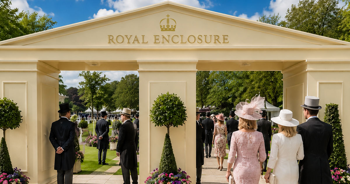 Entrance to the Royal Enclosure at Royal Ascot 2027 – guests arriving through the iconic cream gates