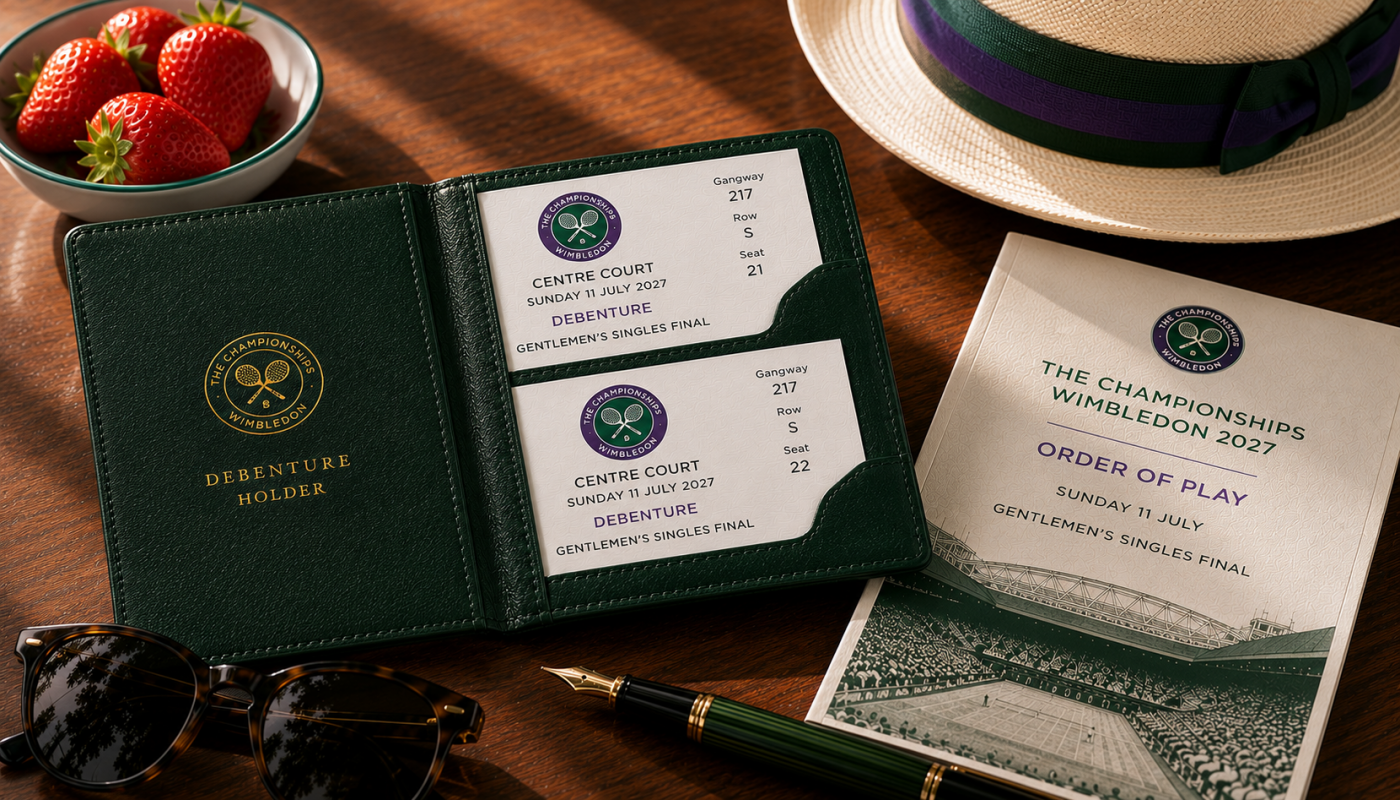 Wimbledon 2027 debenture tickets in leather ticket wallet with order of play, strawberries and Panama hat for CountryClubuk Members