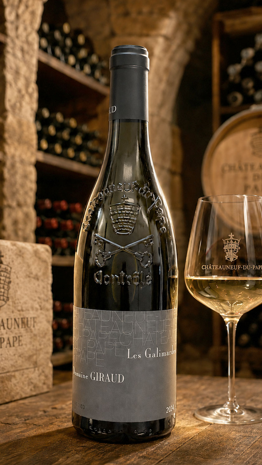 Domaine Giraud Châteauneuf-du-Pape Blanc Les Galimardes 2024 bottle and glass in a wine cellar
