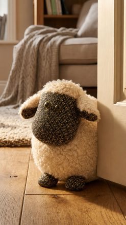 Dora Designs Lois the Lamb sheep doorstop beside an open doorway