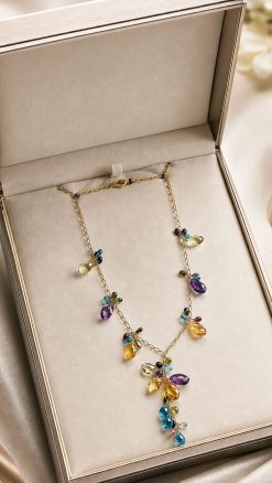 Florentina 14ct gold necklace with 62.51ct of faceted multicolour gemstones