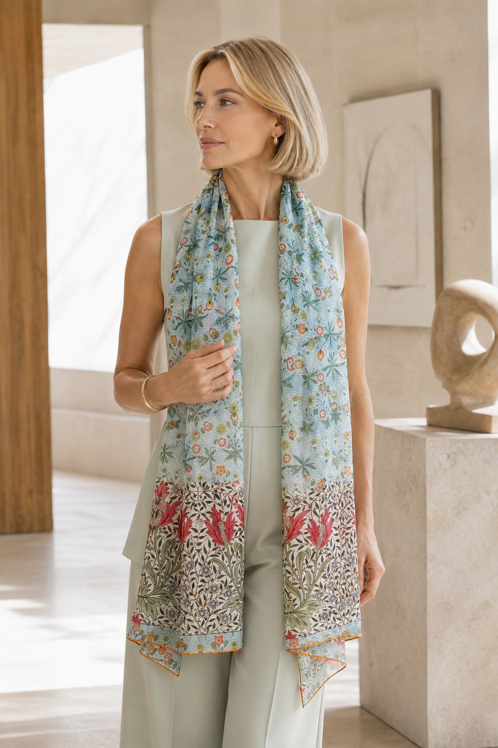 Model wearing Fox & Chave Morris Seaweed silk scarf with contrasting Evenlode floral borders