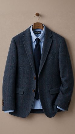 Gurteen Cobham Slate Blue and Burgundy Check pure wool jacket on hanger