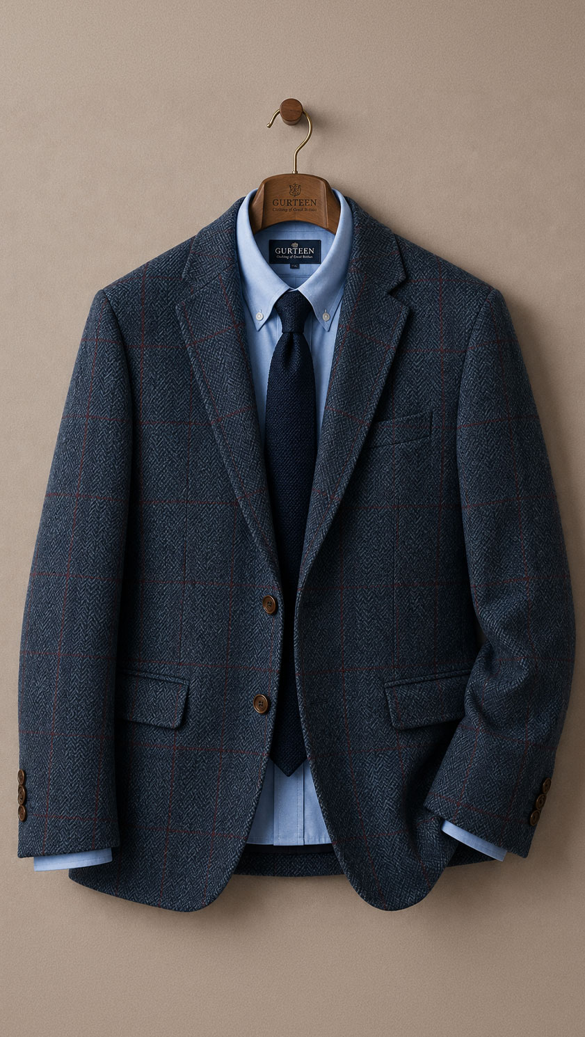 Gurteen Cobham Slate Blue and Burgundy Check pure wool jacket on hanger