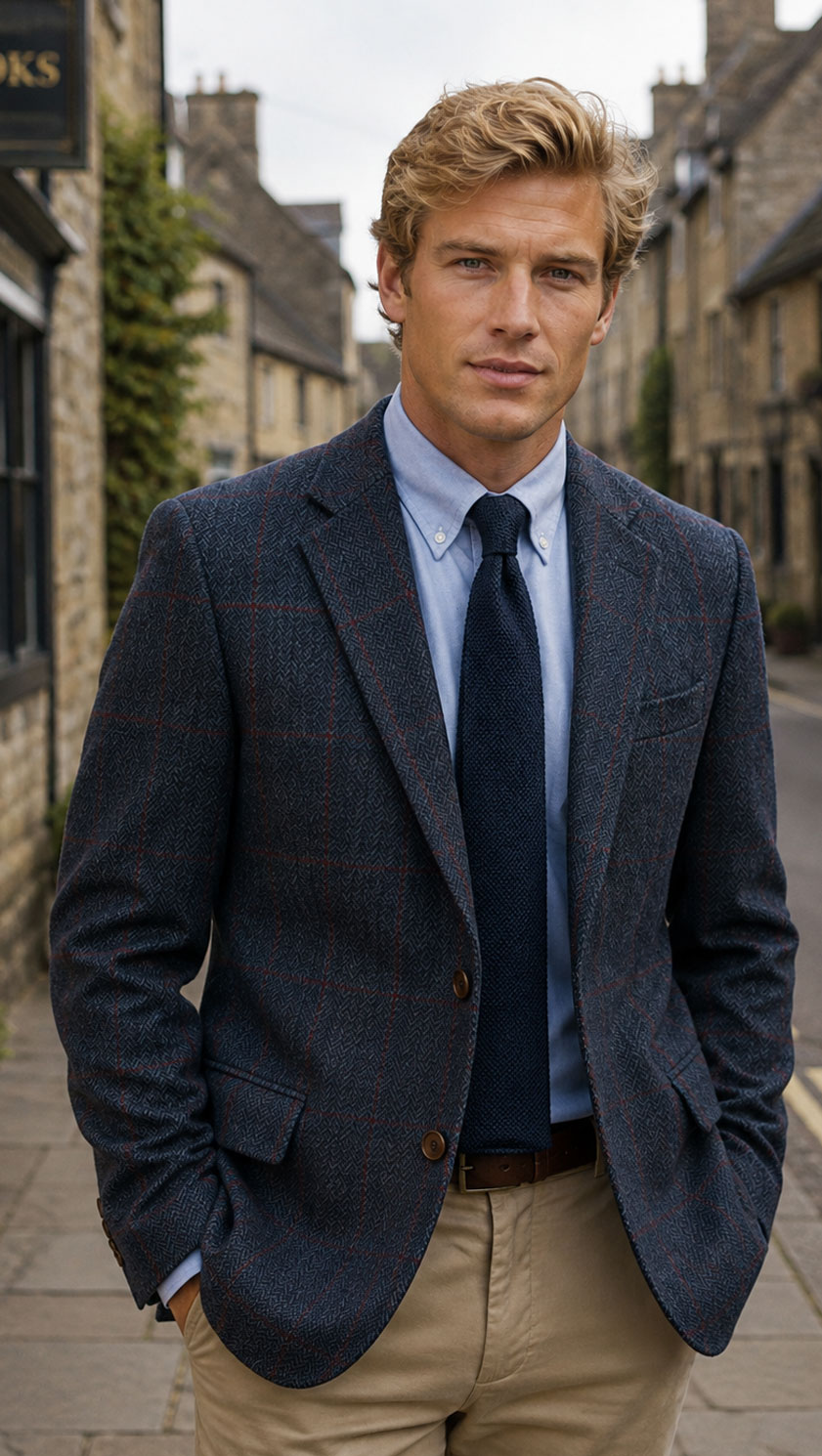 Gurteen Cobham pure wool jacket in Slate Blue and Burgundy Check at CountryClubuk