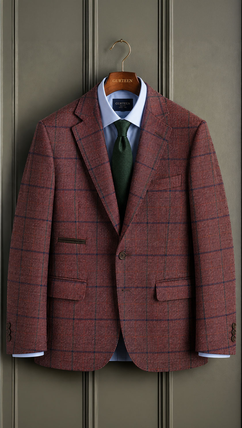 Gurteen Oakham Cranberry Check pure wool tailored jacket