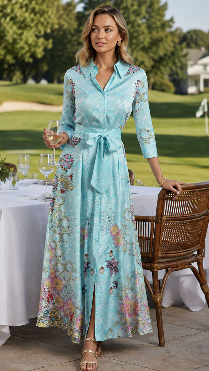 Jessica Russell Flint Floral Medley silk shirt dress in aqua with painterly florals, belted maxi style